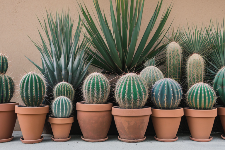 Collection of various desert cacti with different shapes, spines, and sizes in terracotta pots