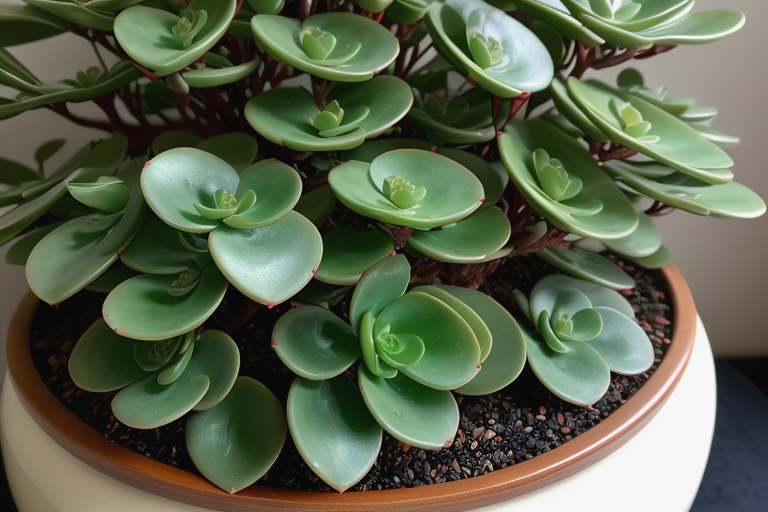 Jade Plant with thick, glossy green oval leaves on woody stems resembling a miniature tree