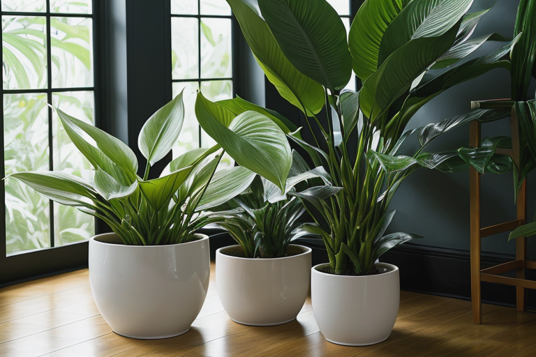 Shade-tolerant plants like ZZ plant, pothos, and peace lily thriving in a dimly lit corner away from direct sunlight