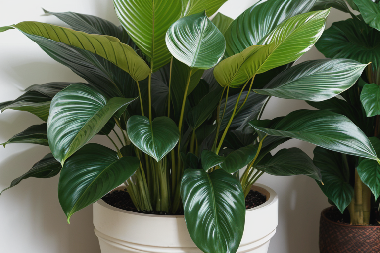Peace Lily with large dark green leaves and elegant white flower spaths
