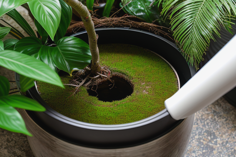 Root-bound plant showing roots circling around the pot bottom and growing through drainage holes
