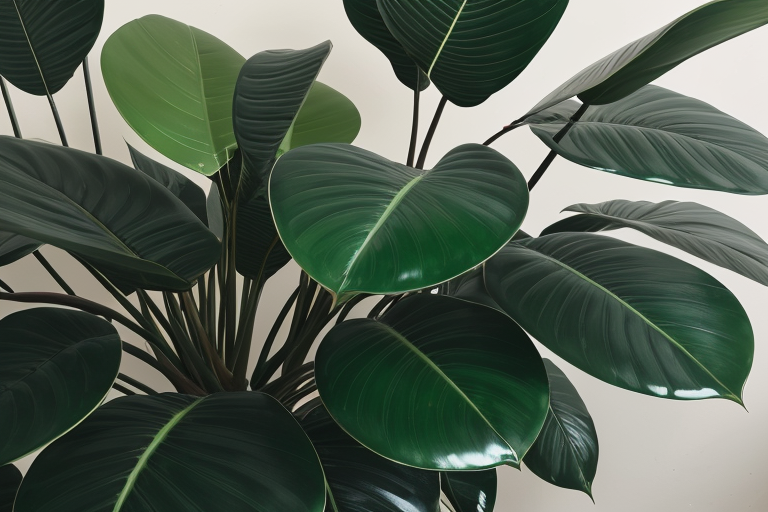 Rubber Plant with large, glossy dark green oval leaves on a tall stem