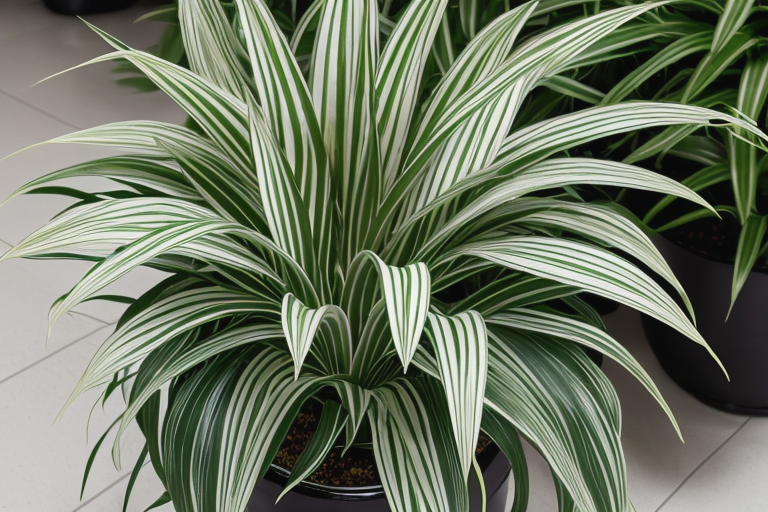 Spider Plant with long, arching green and white striped leaves with small plantlets hanging from runners